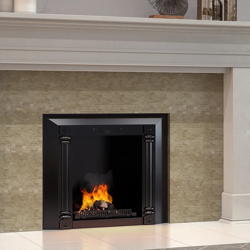 A beige stacked-stone mosaic fireplace surround with a lit fire and a cream mantel