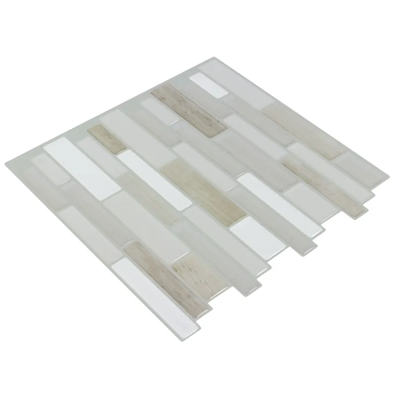 A peel-and-stick linear mosaic sheet in white, cream and wood-grain marble strips