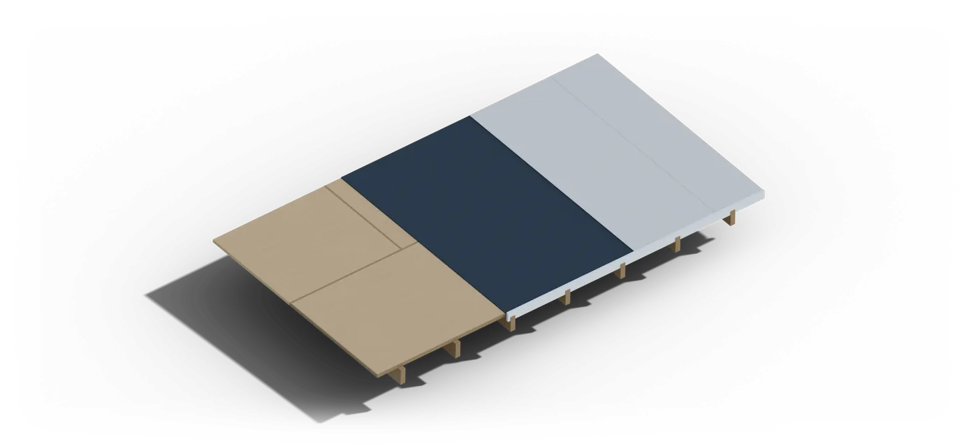 Rendered cutaway of a flat roof in steps: rafters, plywood deck, black base sheet, then a light torch-down cap sheet with lapped seams.