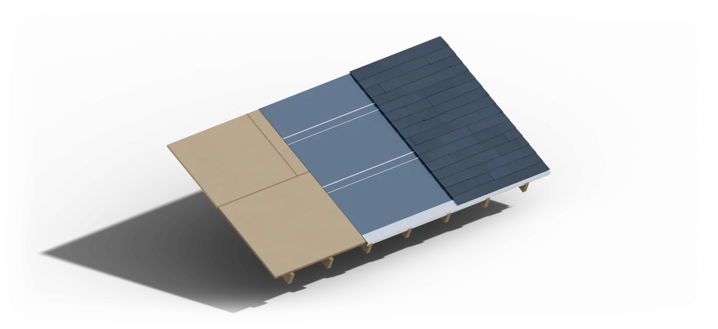 Rendered cutaway of a shingle roof in steps: rafters, plywood deck, gray underlayment with drip edge, then asphalt shingles.