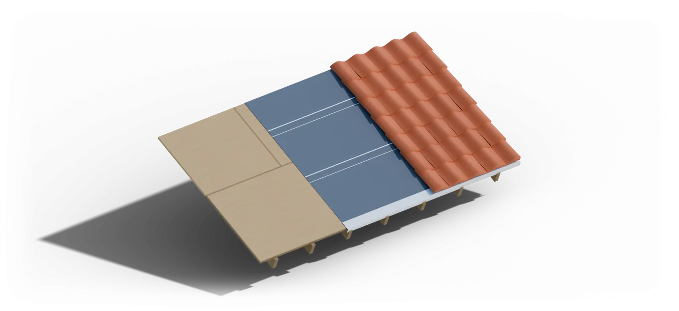 Rendered cutaway of a tile roof in steps: rafters, plywood deck, underlayment, then terracotta S-tile.