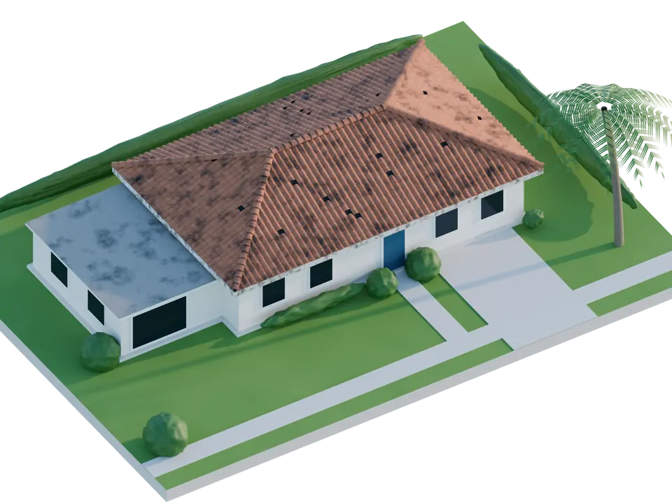 Rendered model of a single-storey stucco house with a hip roof and a flat-roof room, shown at the current stage of a roof replacement.